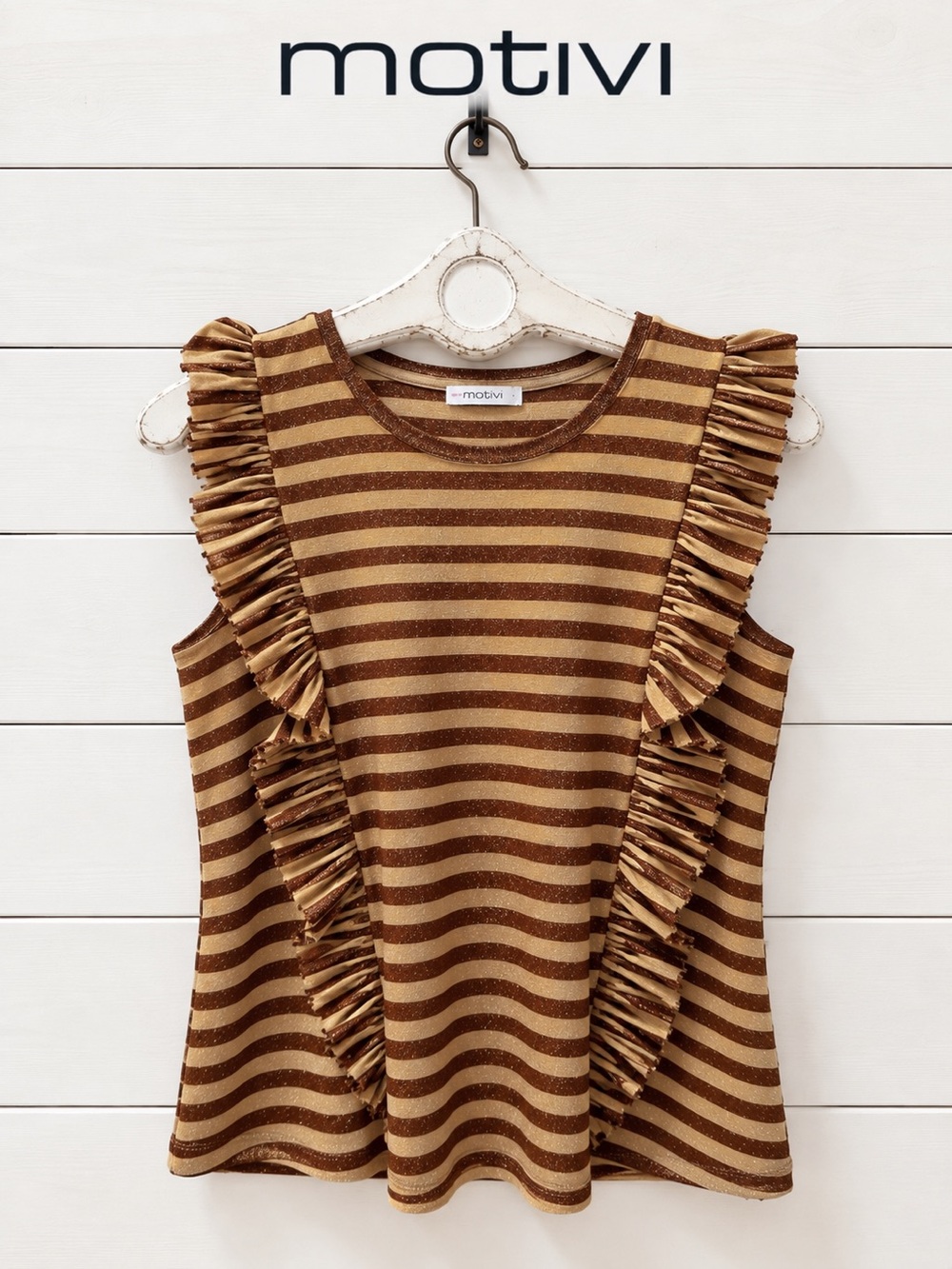 Motivi Sparkly Striped Ruffle Top – Size M